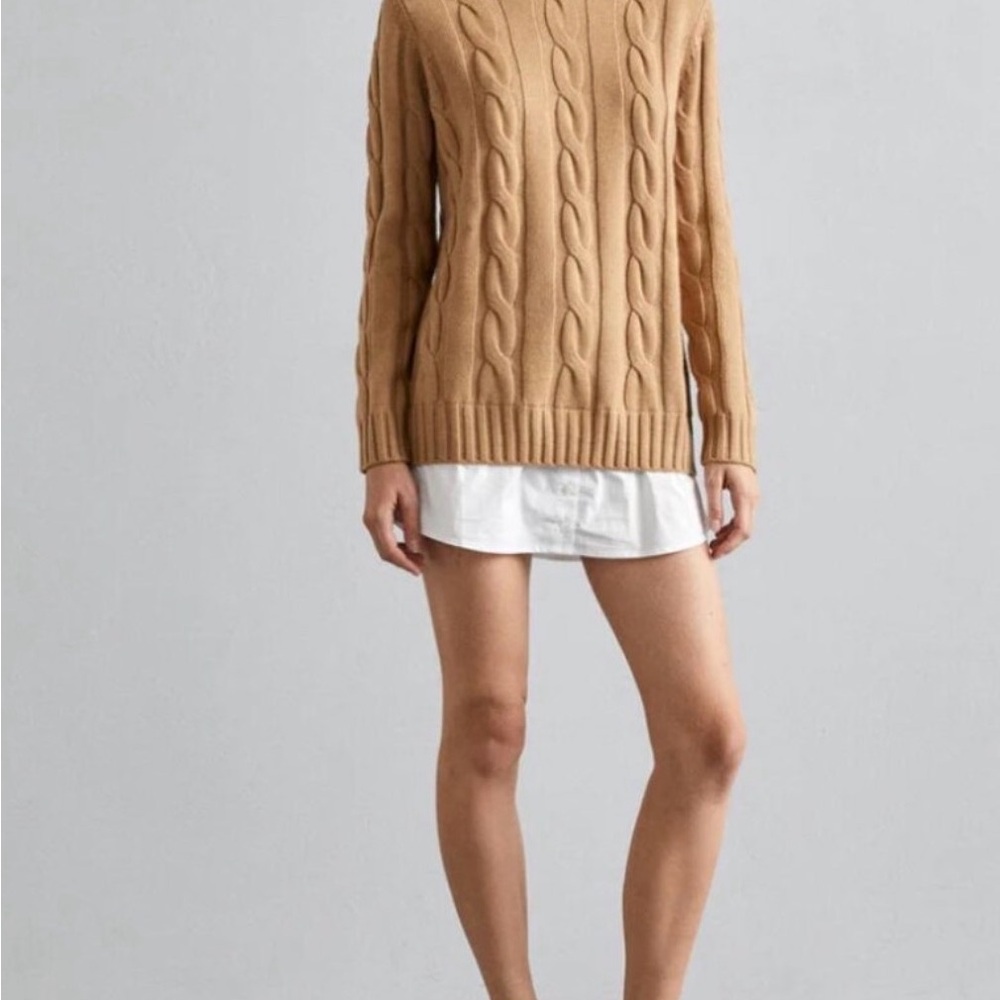 Staud Aldrin mini dress with button down look Cable sweater Knit Tan/Camel
